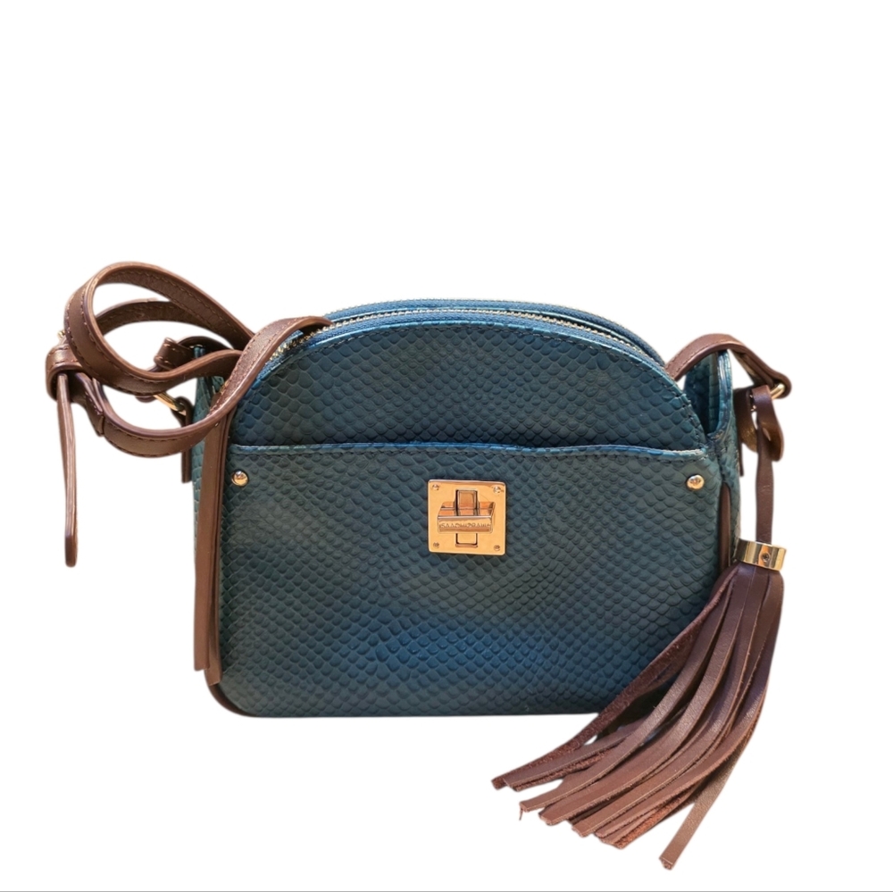 Isaac Mizrahi Leather Teal Fringe Tassel Crossbody Purse